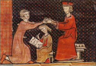 Vassal, hands between his overlord's hands at a homage ceremony